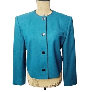 Vintage 80s 90s Teal Wool Cropped Fit Blazer